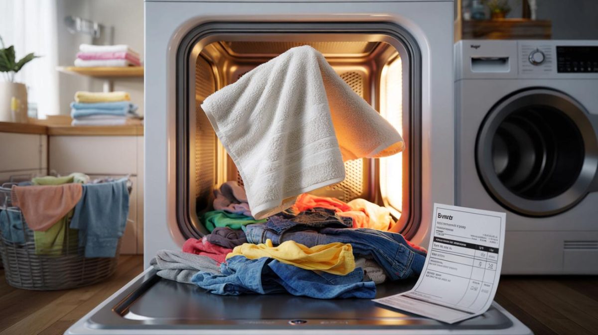 Putting a dry towel into the dryer with your wet clothes can reduce the cycle time and save on costs
