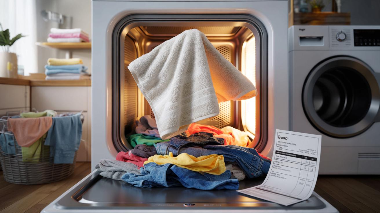 Putting a dry towel into the dryer with your wet clothes can reduce the cycle time and save on costs